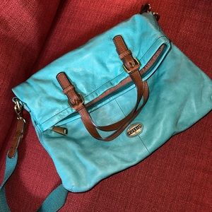 Fossil Teal Green Leather Messenger/ Crossbody Bag